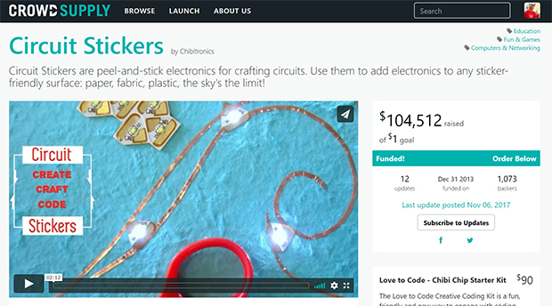 2013年に始まった回路基板ステッカーのクラウドファンディング。その後Chibitornicsというスタートアップとなる